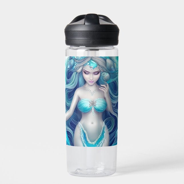 Beautiful Blue Seashell Mermaid Graphic Water Bottle (Front)