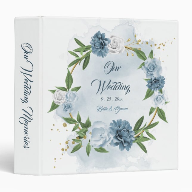 beautiful blue shades floral wreath photo album 3 ring binder (Front/Spine)