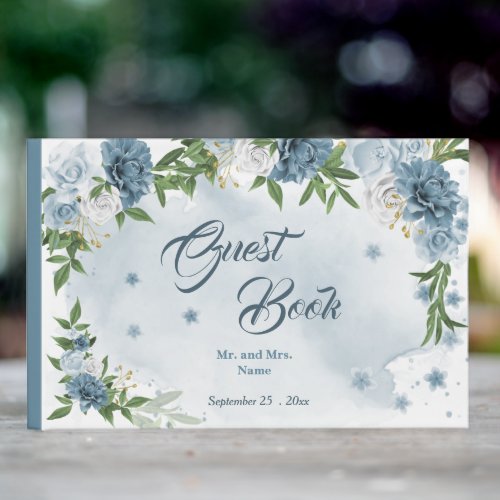 beautiful blue shades flowers greenery guest book