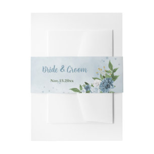 beautiful blue shades flowers greenery wedding invitation belly band