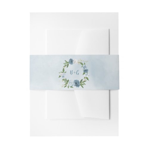 beautiful blue shades flowers greenery wedding invitation belly band