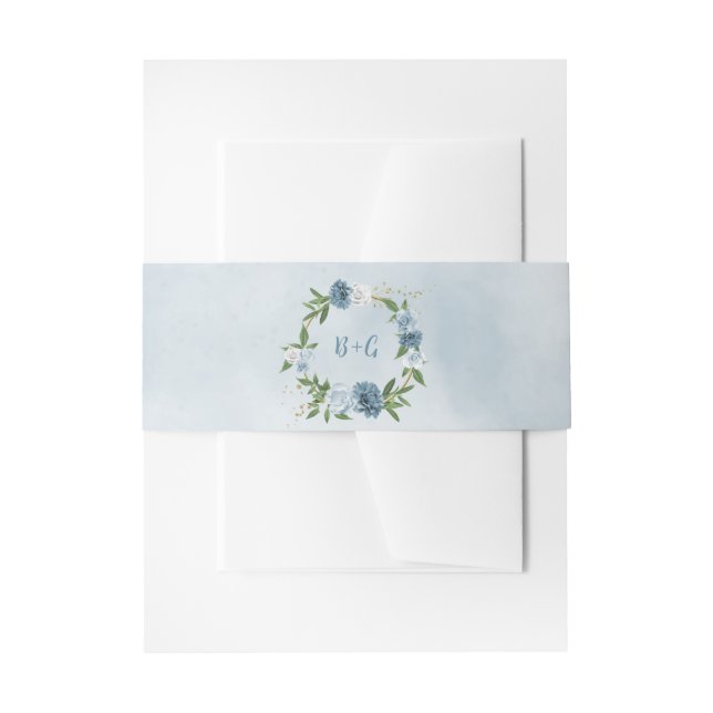 beautiful blue shades flowers greenery wedding invitation belly band (Front Example)