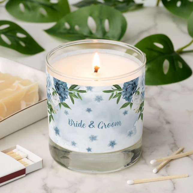 beautiful blue shades flowers greenery wedding scented candle (Lit)