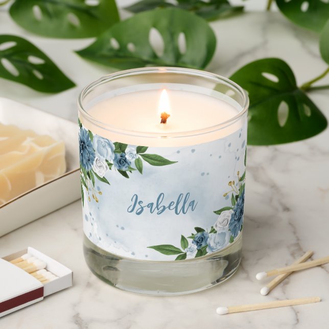 beautiful blue shades flowers greenery wedding scented candle (Lit)