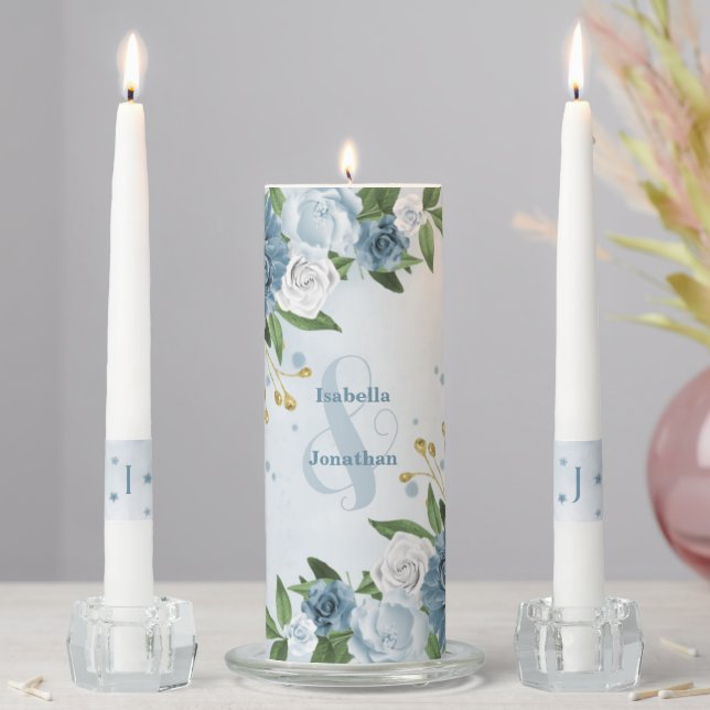 beautiful blue shades flowers greenery wedding unity candle set (In Situ)