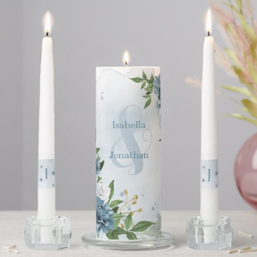 beautiful blue shades flowers greenery wedding unity candle set