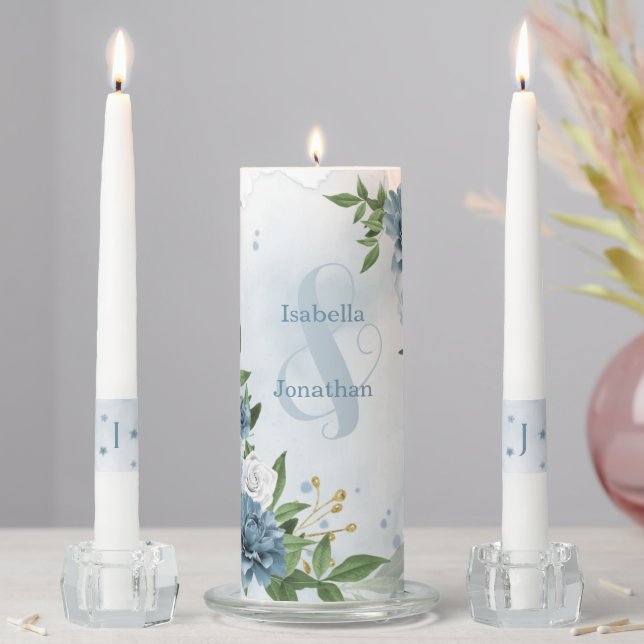 beautiful blue shades flowers greenery wedding unity candle set (In Situ)