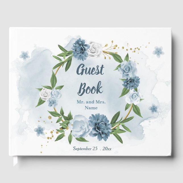 beautiful blue shades flowers greenery wreath guest book (Front)