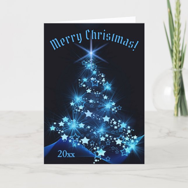 Beautiful Blue Shinning Stars on Christmas Tree   Holiday Card (Front)