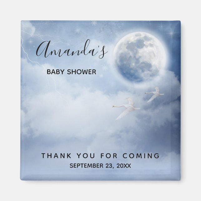 Beautiful Blue Sky with Flying Swans Baby Shower Magnet (Front)