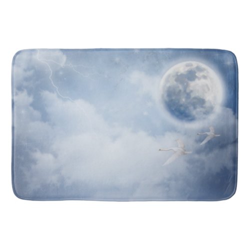 Beautiful Blue Sky with Flying Swans Bath Mat