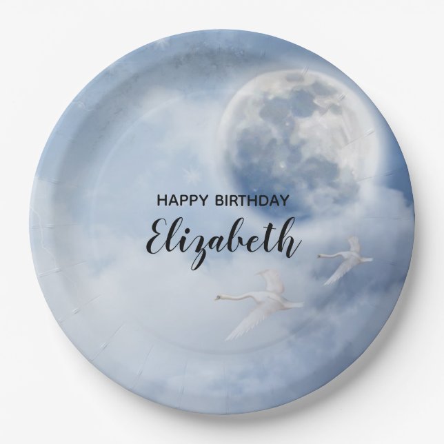 Beautiful Blue Sky with Flying Swans Birthday Paper Plates (Front)