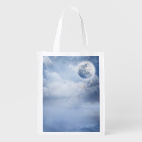 Beautiful Blue Sky with Flying Swans Grocery Bag