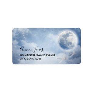 Beautiful Blue Sky with Flying Swans Label