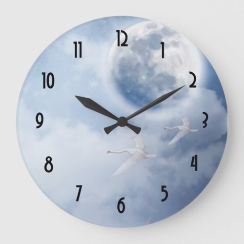 Beautiful Blue Sky with Flying Swans Large Clock
