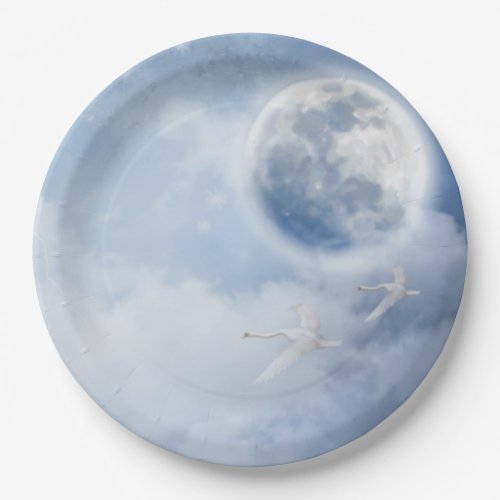 Beautiful Blue Sky with Flying Swans Paper Plates