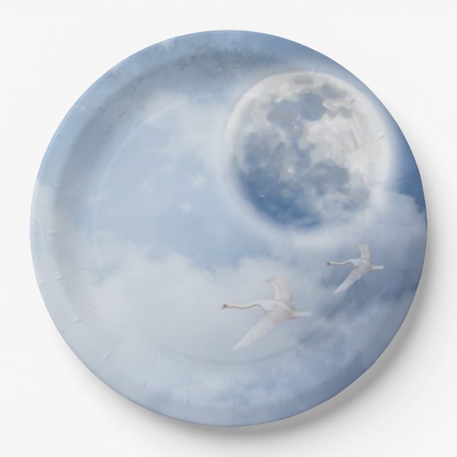 Beautiful Blue Sky with Flying Swans Paper Plates (Front)