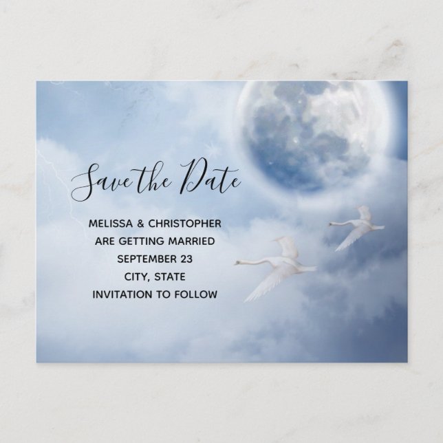 Beautiful Blue Sky with Flying Swans Save the Date Invitation Postcard (Front)