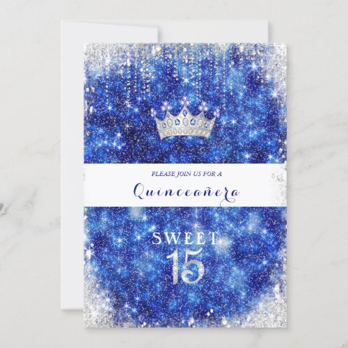 Beautiful Blue Sparkle Glitter Quinceanera Crown Invitation