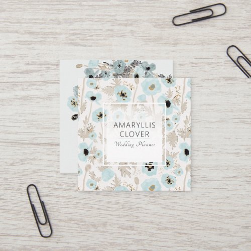 Beautiful Blue Taupe Cream Black Poppies Floral  Square Business Card