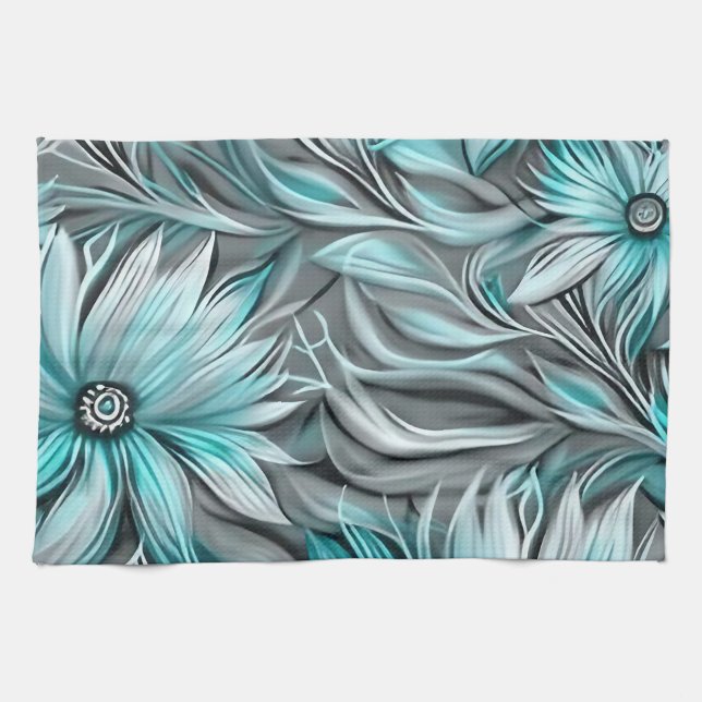 Beautiful Blue Teal Floral Print Kitchen Towel (Horizontal)