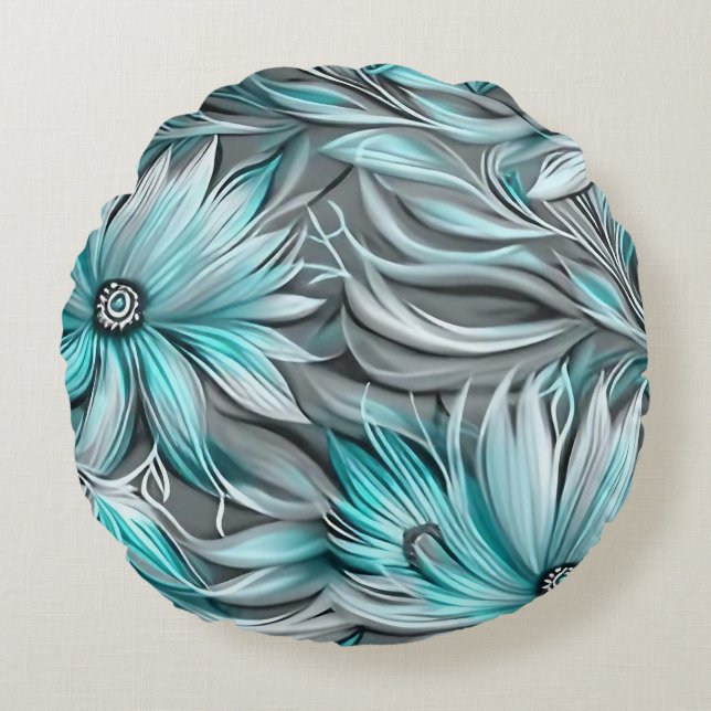 Beautiful Blue Teal Floral Print Round Pillow (Front)