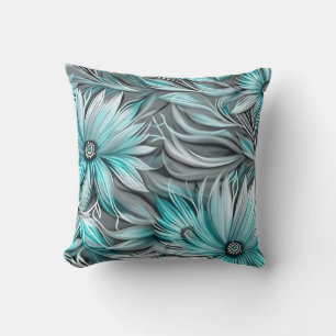 Beautiful Blue Teal Floral Print Throw Pillow
