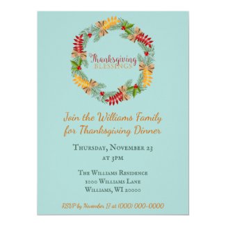Beautiful Blue Thanksgiving Dinner Invitation