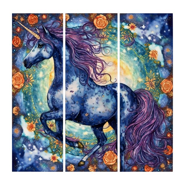 Beautiful Blue Unicorn Triptych (Front)