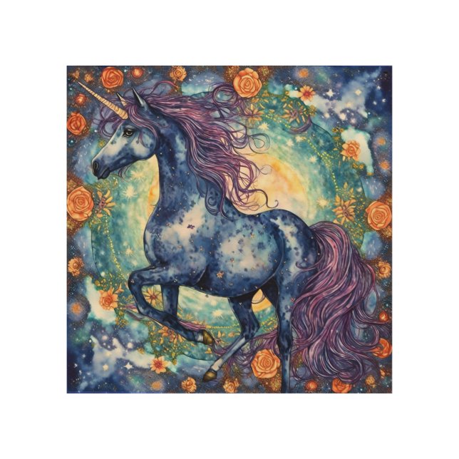Beautiful Blue Unicorn Wood Wall Art (Front)
