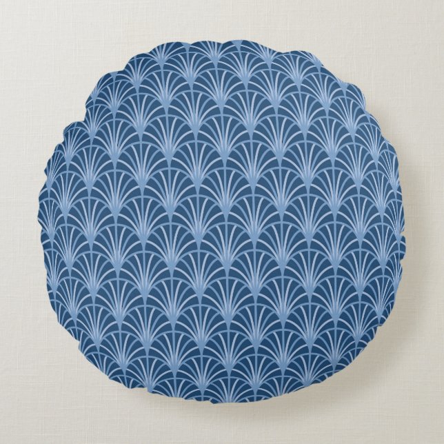 Beautiful Blue Vintage Japanese Fan Pattern Round Pillow (Front)