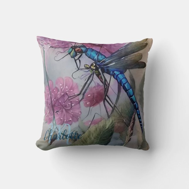 Beautiful Blue Watercolor Dragonfly, Personalize  Throw Pillow (Front)