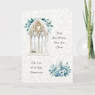 Beautiful Blue Watercolor First Communion Greeting Card