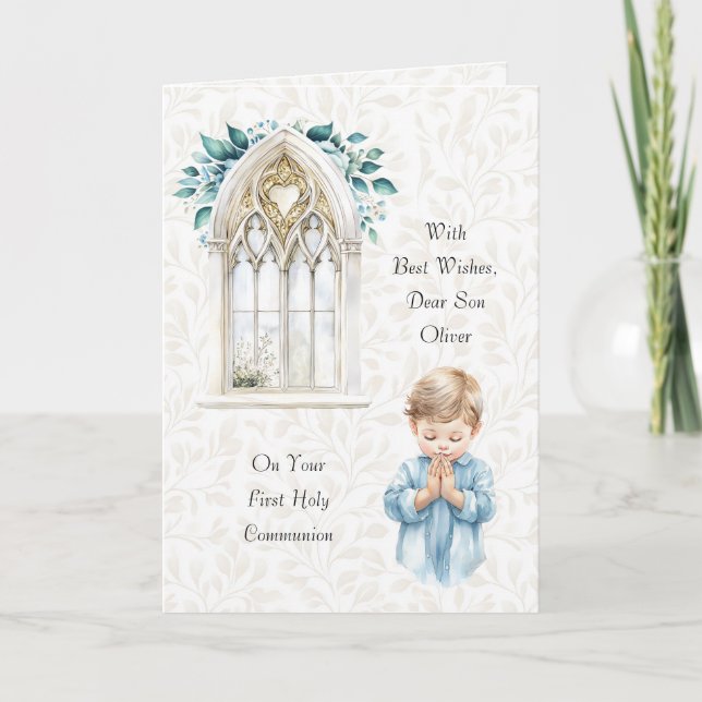 Beautiful Blue Watercolor First Communion Greeting Card (Front)