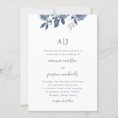 Beautiful Blue Watercolor Floral Monogram Wedding Invitation