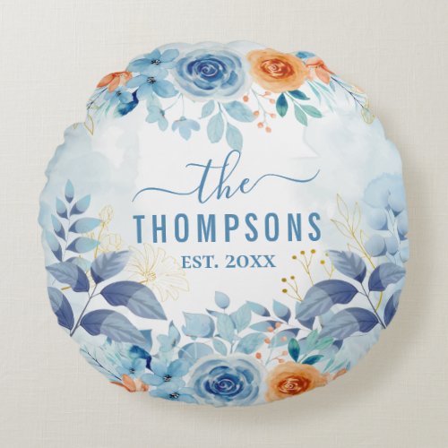 Beautiful Blue Watercolor Splash Custom Floral Round Pillow