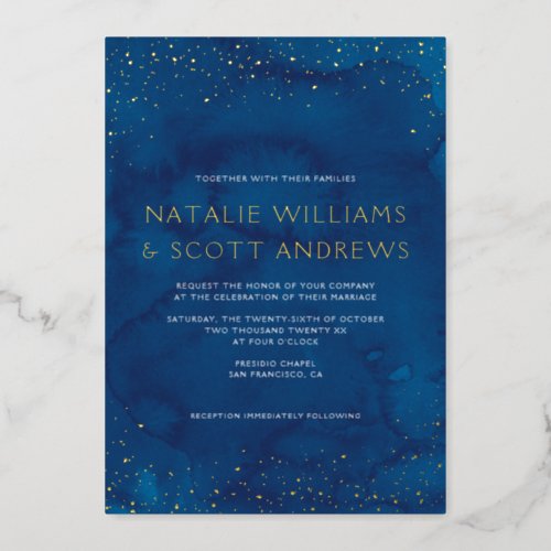 Beautiful Blue Watercolor Stary Sky Wedding REAL Foil Invitation