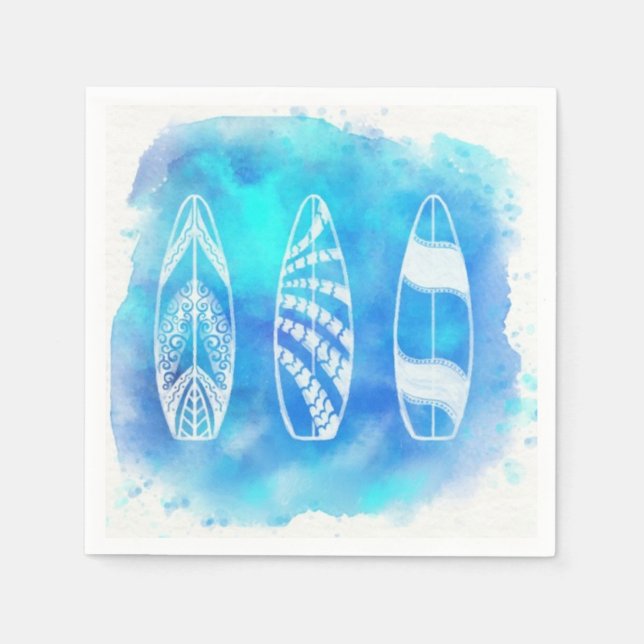 Beautiful Blue Watercolor Water Surfboards art Paper Napkins (Front)
