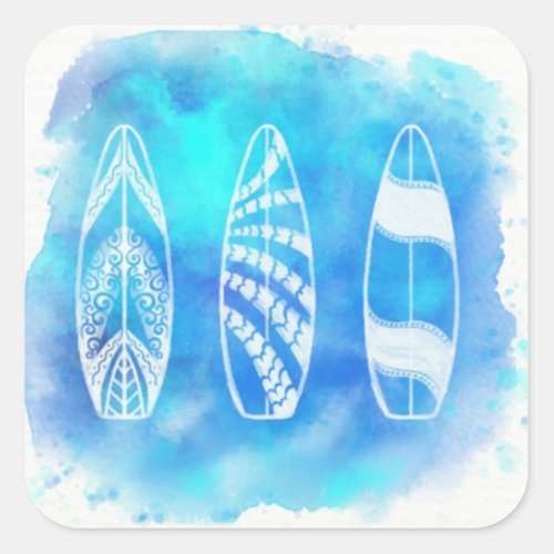 Beautiful Blue Watercolor Water Surfboards art Square Sticker