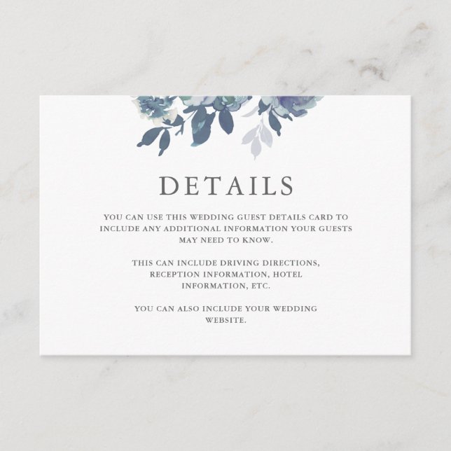 Beautiful Blue Wedding Guest Detail Enclosure Card (Front)