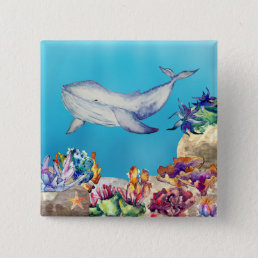 Beautiful Blue Whale Watercolor Coral Reef Button