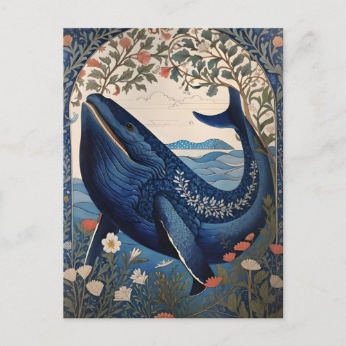 Beautiful Blue Whale William Morris Inspired Postcard