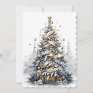 Beautiful Blue White and Gold Christmas Tree Holiday Card