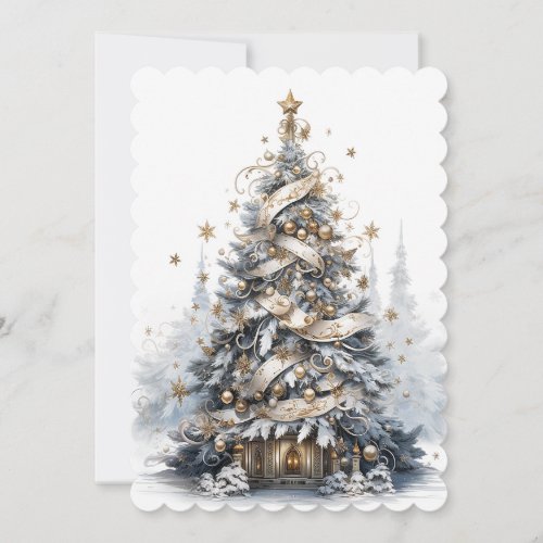 Beautiful Blue  White and Gold Christmas Tree Holiday Card