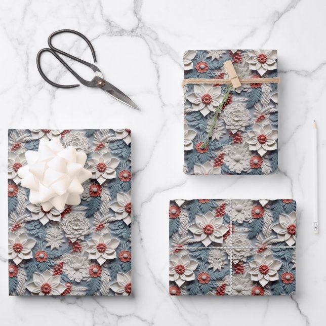 Beautiful Blue White and Red 3D  Poinsettia Wrapping Paper Sheets (Front)