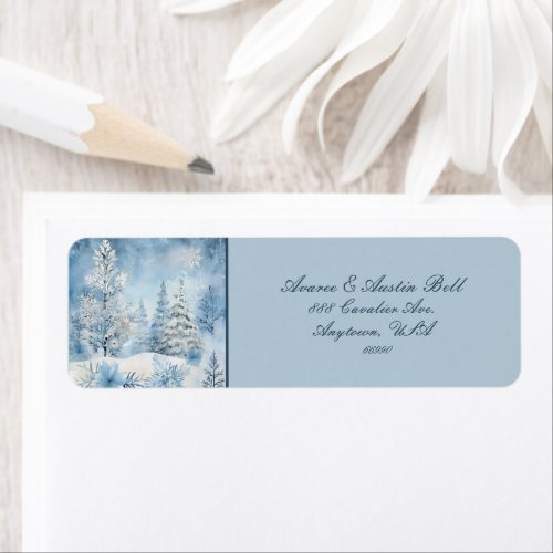 Beautiful Blue White Christmas Scene Trees Snow Label