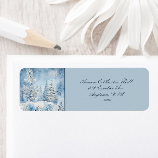 Beautiful Blue White Christmas Scene Trees Snow Label (Insitu)