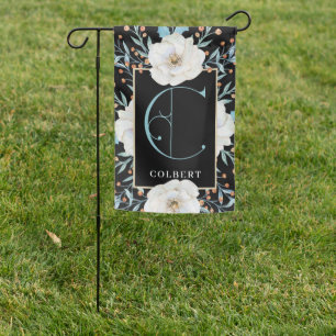 Beautiful Blue & White Floral, Monogram C Garden Flag