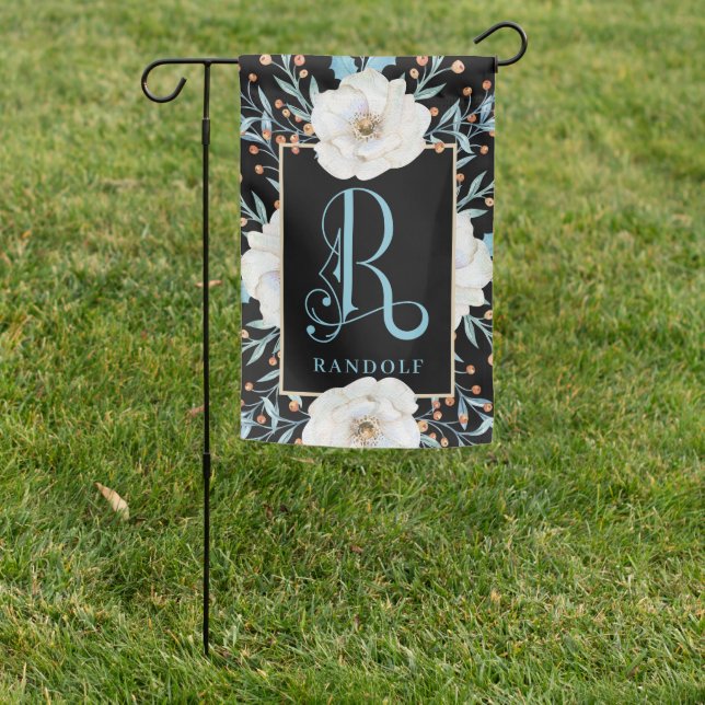 Beautiful Blue & White Floral, Monogram R Garden Flag (In SItu)