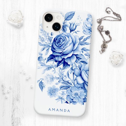 Beautiful BlueWhite Personalized Roses Case_Mate iPhone 14 Plus Case